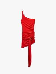 Koton X Sibil Çetinkaya - Tek Omuz Kolsuz Drapeli Metal Aksesuarlı Bodycon Mini Abiye Elbise