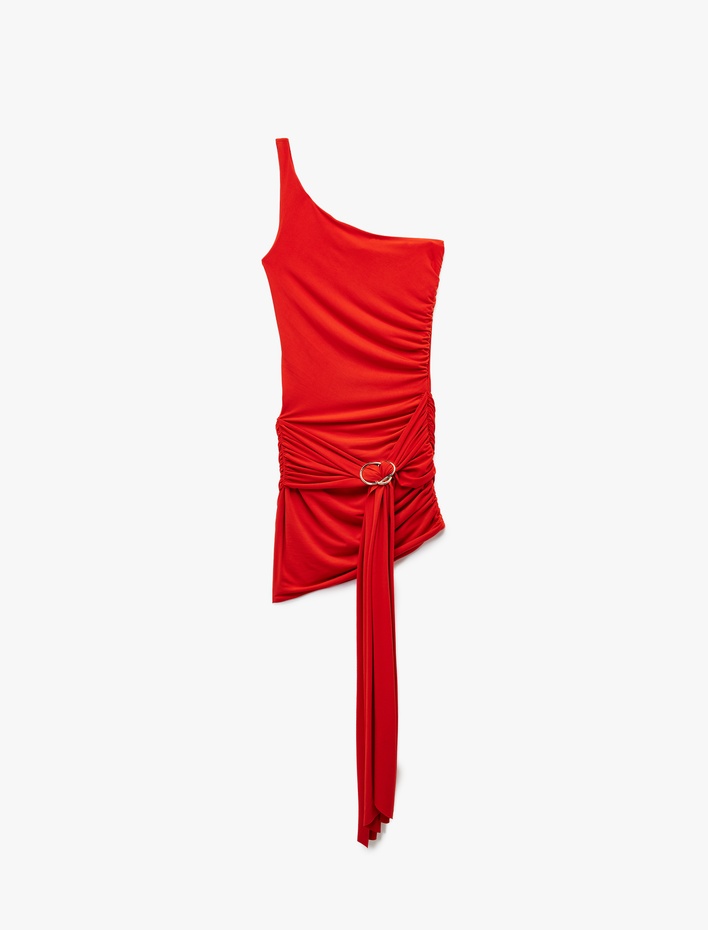  Koton X Sibil Çetinkaya - Tek Omuz Kolsuz Drapeli Metal Aksesuarlı Bodycon Mini Abiye Elbise