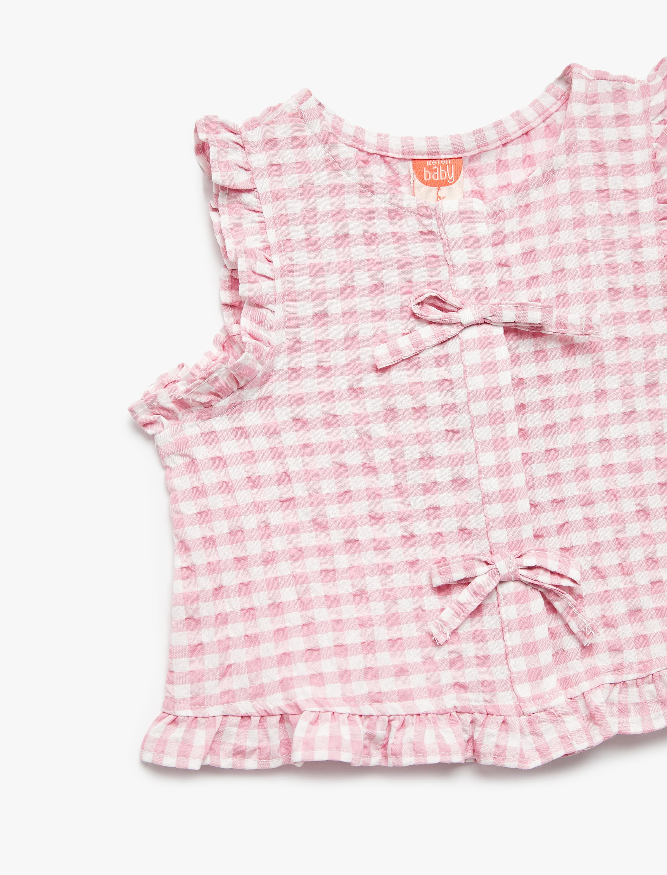  Kız Bebek Bisiklet Yaka Kolsuz Fiyonklu Pötikare Bluz