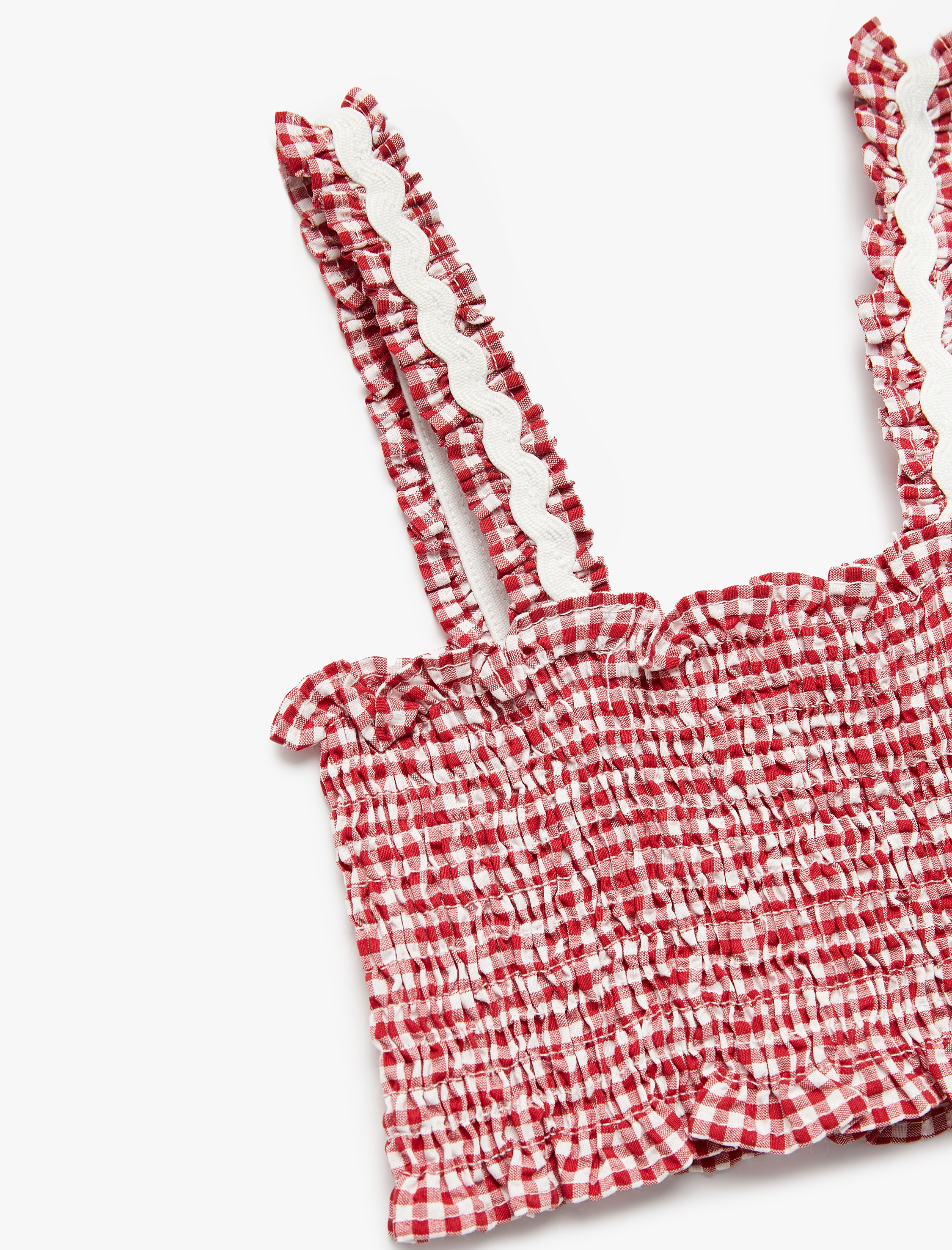  Kız Çocuk Gipeli Kare Yaka Askılı Pötikare Crop Bluz