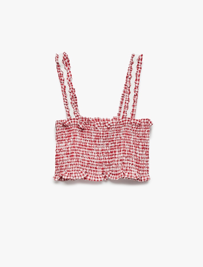 Kız Çocuk Gipeli Kare Yaka Askılı Pötikare Crop Bluz