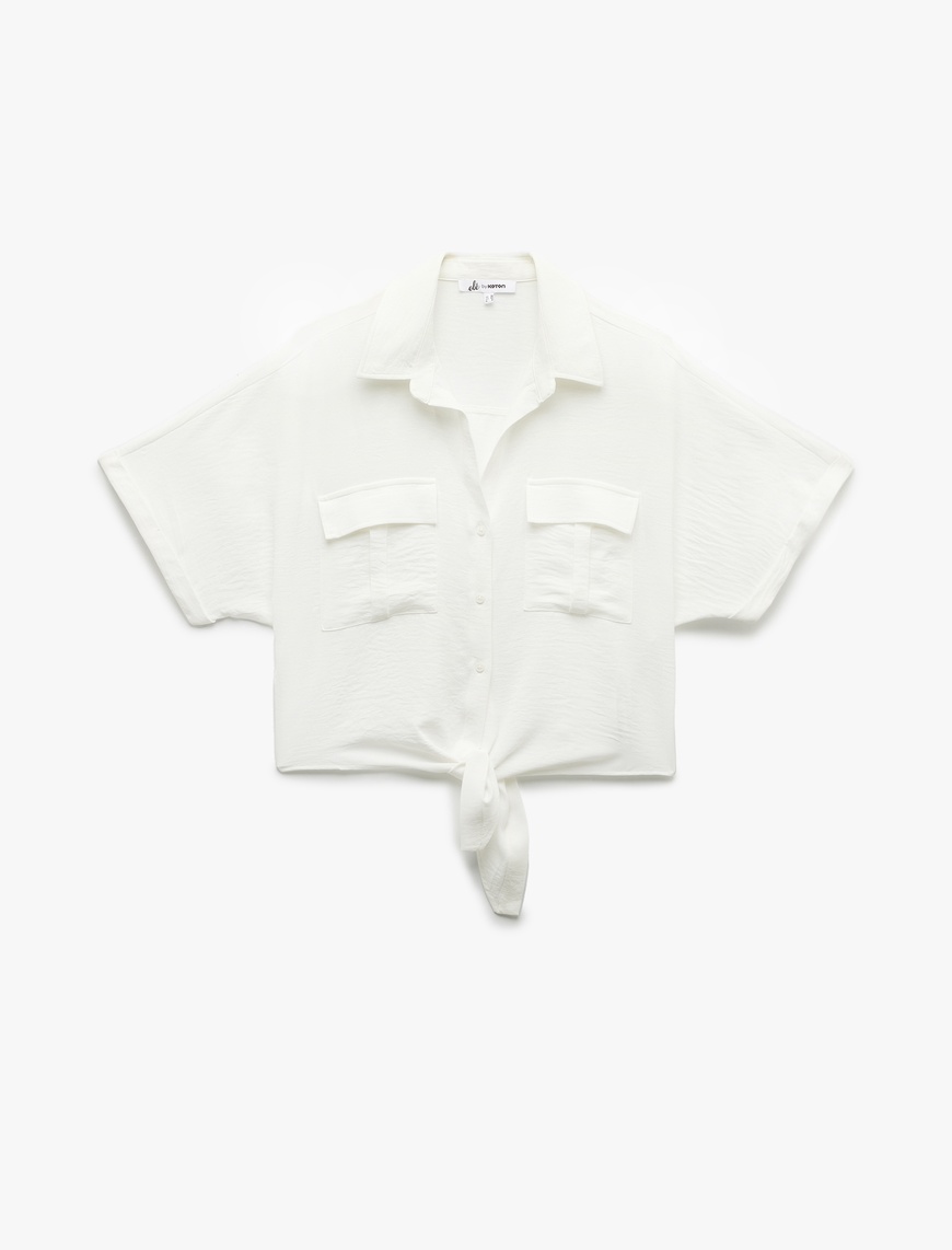   Kısa Kollu Klasik Yaka Bağlama Detaylı Cepli Crop Oversize Bluz