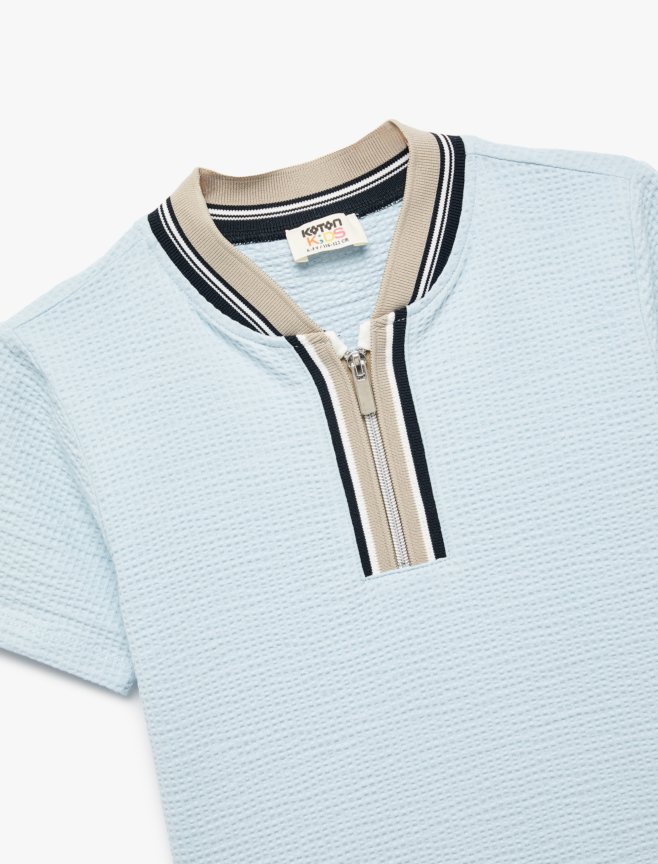  Erkek Çocuk Tişört Bisiklet Yaka Yarım Fermuarlı Kısa Kollu Şerit Detaylı Pamuklu