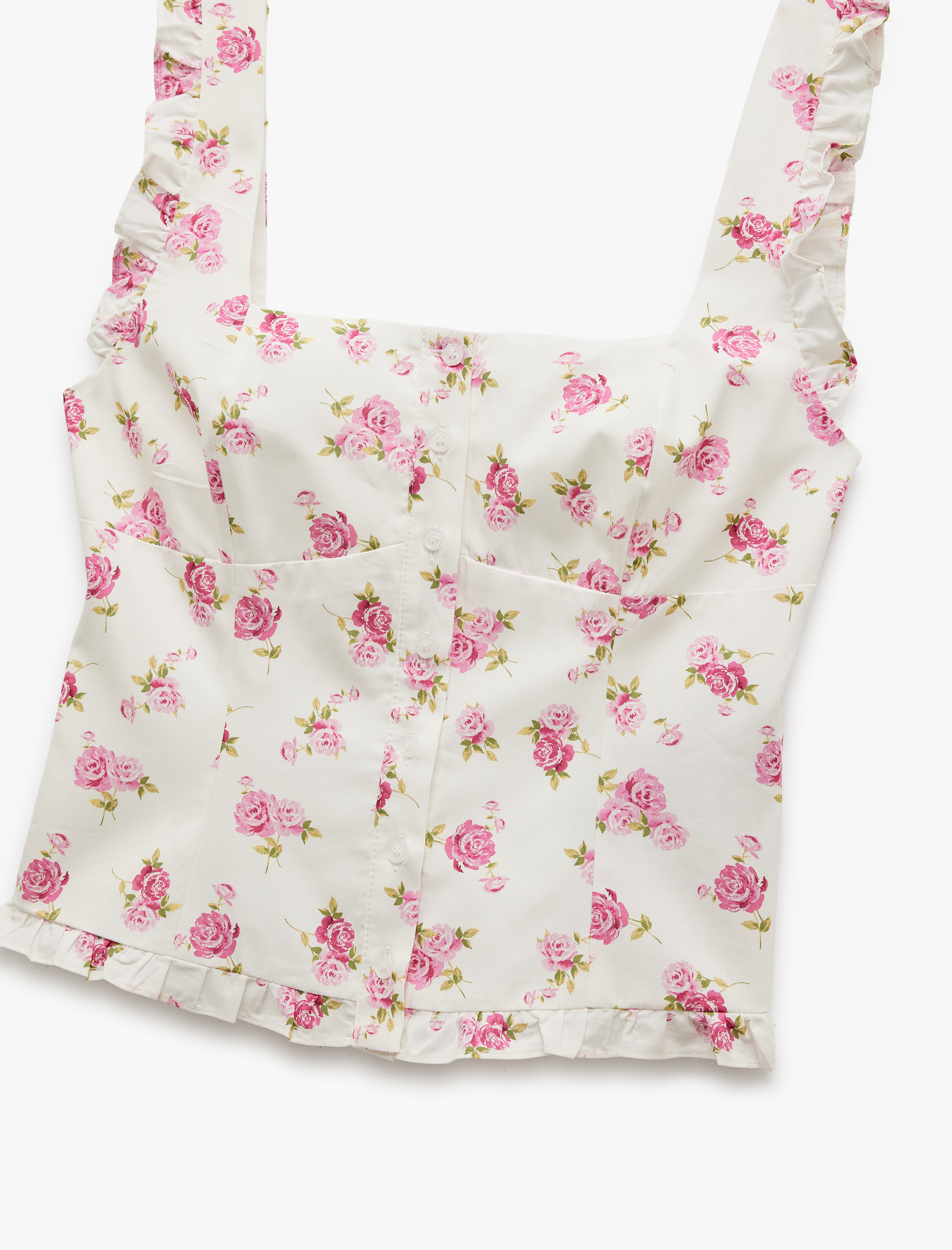   Pamuklu Düğmeli Kare Yaka Karpuz Kol Fırfırlı Çiçekli Bluz