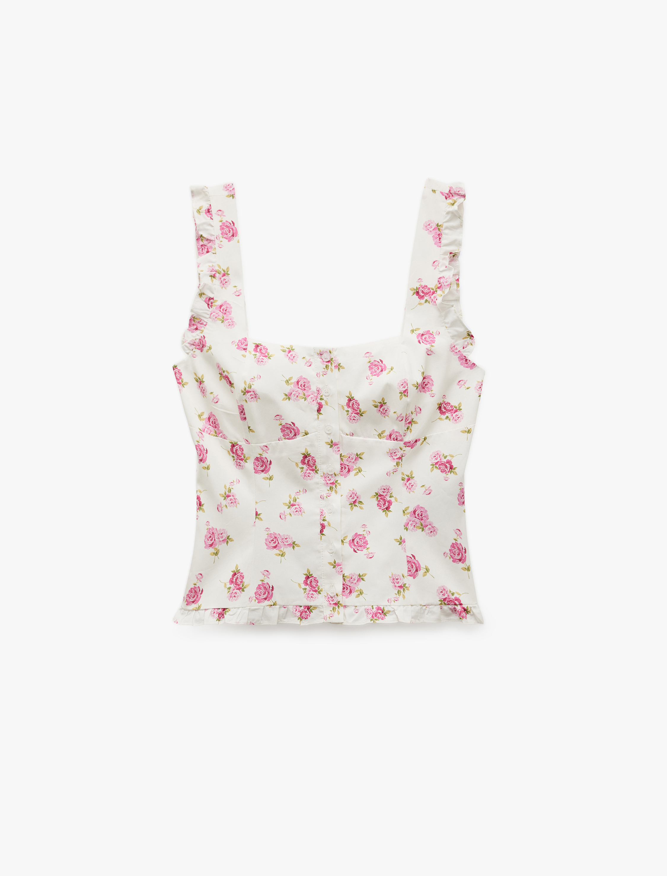   Pamuklu Düğmeli Kare Yaka Karpuz Kol Fırfırlı Çiçekli Bluz