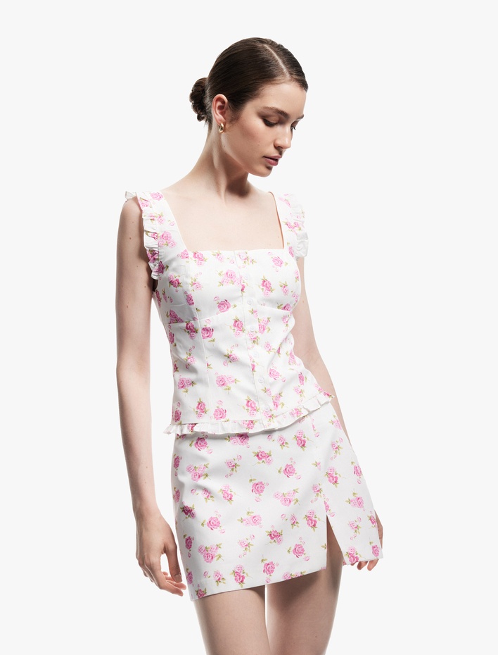  Pamuklu Düğmeli Kare Yaka Karpuz Kol Fırfırlı Çiçekli Bluz