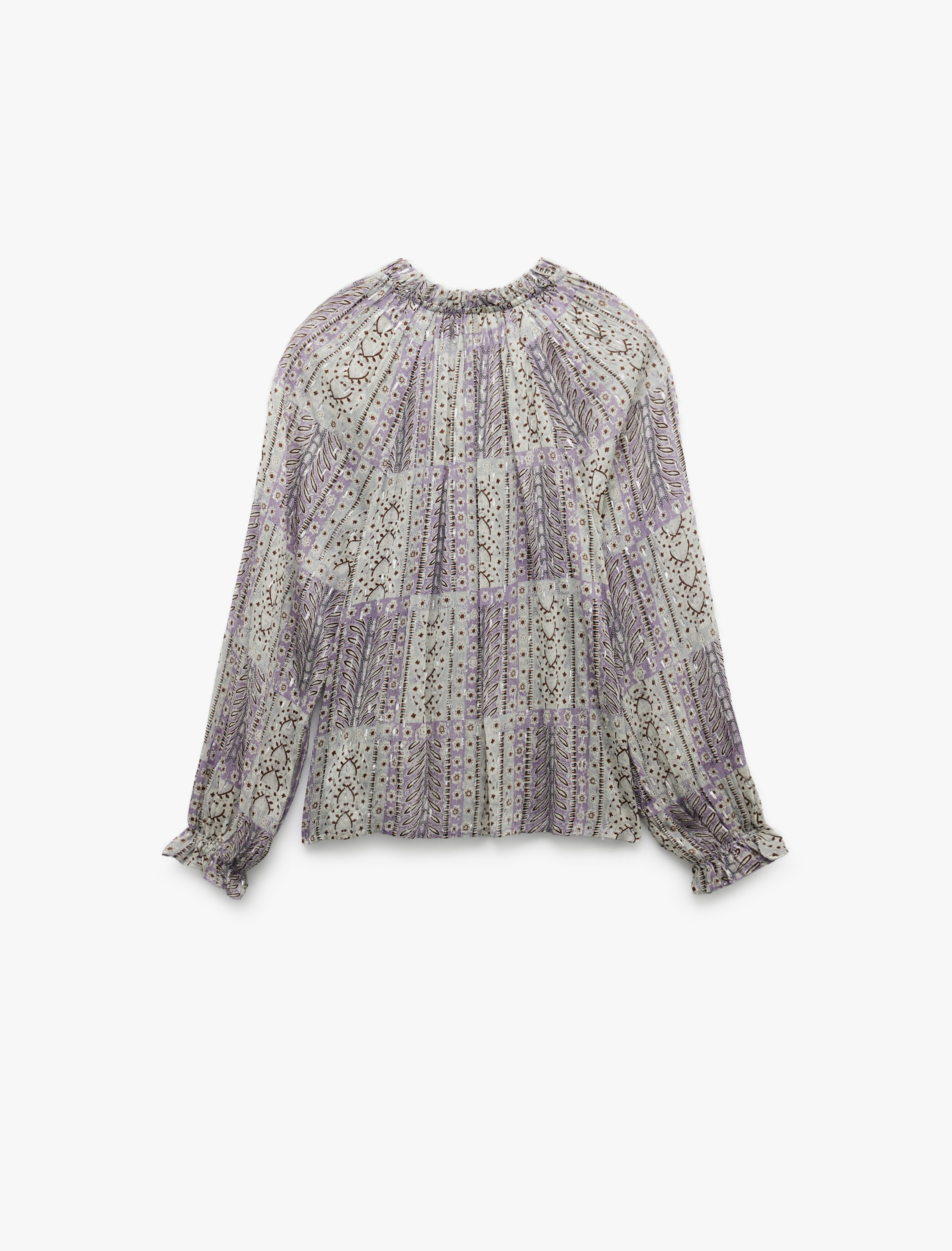 Etnik Desenli Uzun Kollu Bağlamalı V Yaka Fırfır Detaylı Şifon Bluz