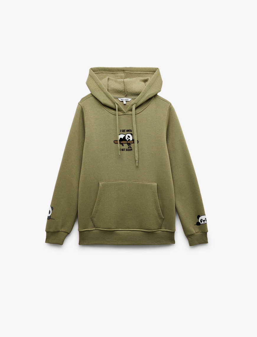   Panda Baskılı Şardonlu Kanguru Cepli Kapüşonlu Sweatshirt