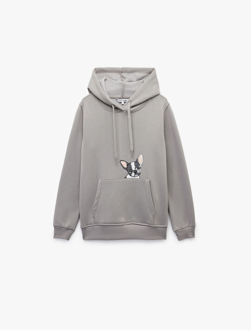   Köpek Baskılı Şardonlu Kanguru Cepli Kapüşonlu Sweatshirt