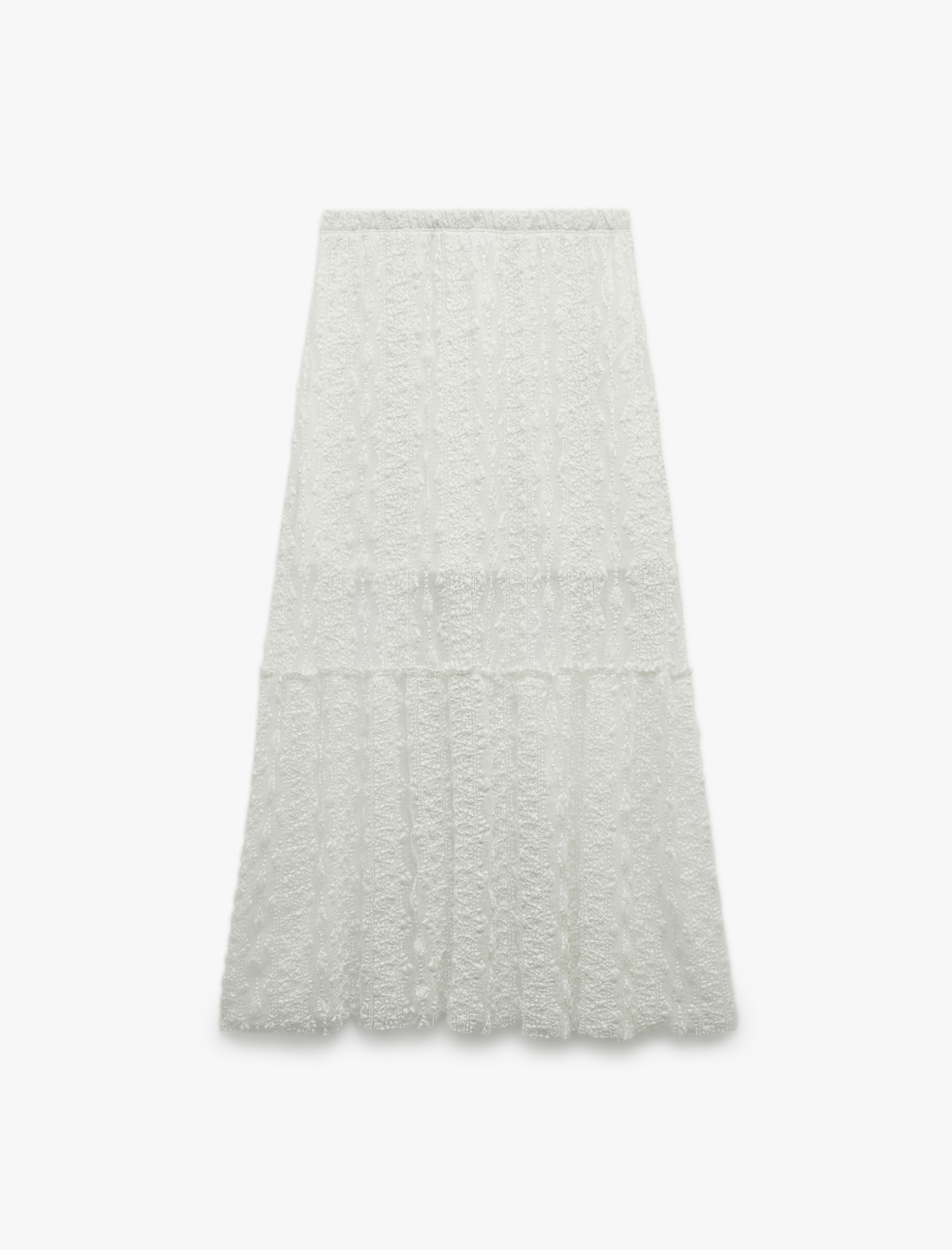   Yüksek Bel Katlı Brodeli Jakarlı Midi Etek