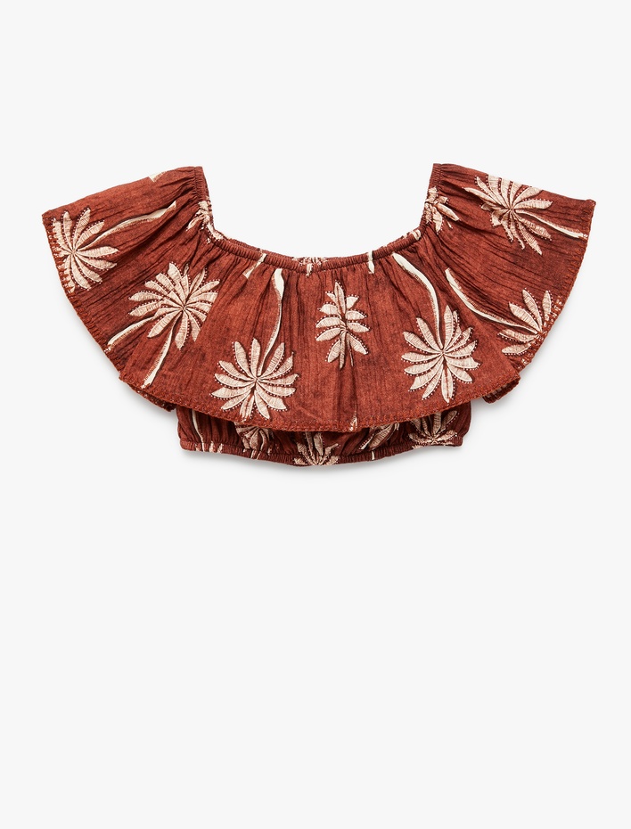 Kız Çocuk Pamuklu Kayık Yaka Kolsuz Volanlı Crop Bluz