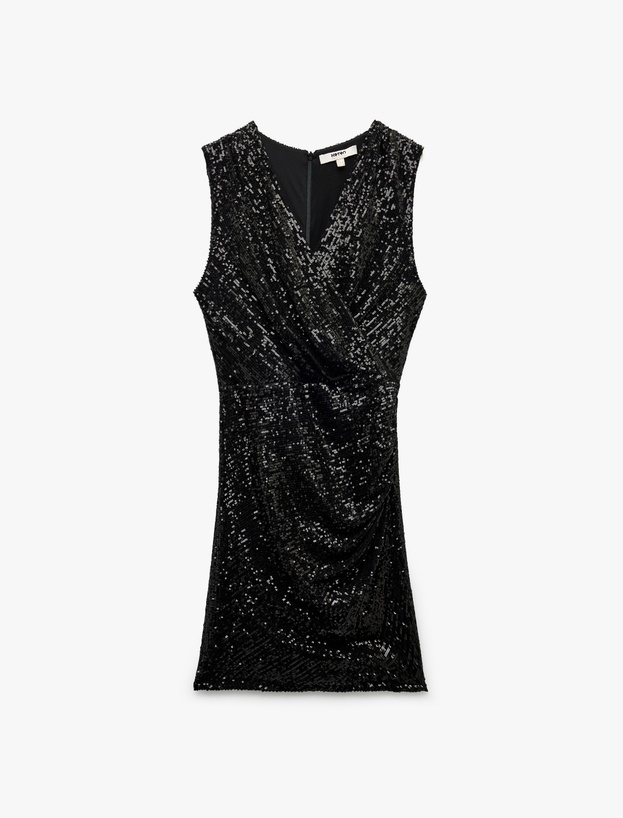 Kruvaze Yaka Kolsuz Pullu Payetli Bodycon Mini Abiye Elbise_2