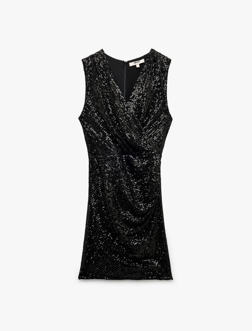   Kruvaze Yaka Kolsuz Pullu Payetli Bodycon Mini Abiye Elbise