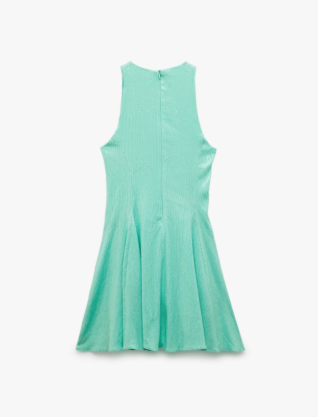 Slim Fit Astarlı Kolsuz Pullu Payetli Halter Yaka Mini Elbise_3