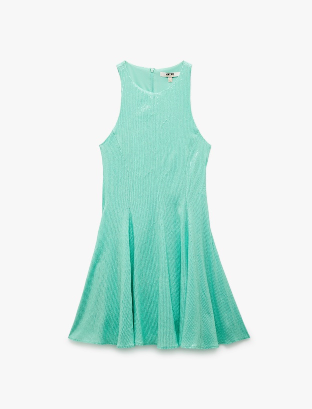 Slim Fit Astarlı Kolsuz Pullu Payetli Halter Yaka Mini Elbise_2
