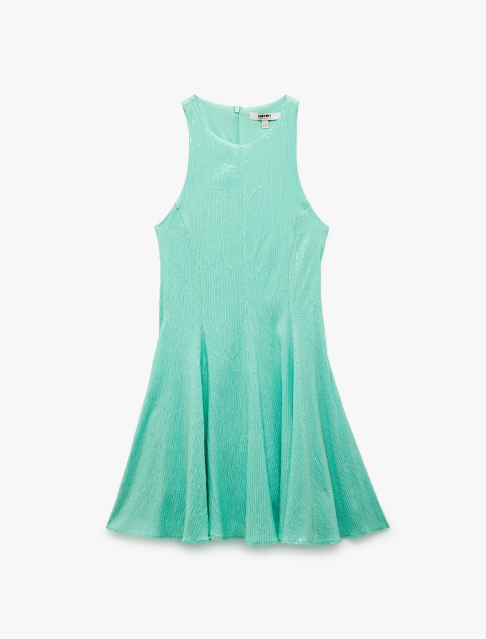  Slim Fit Astarlı Kolsuz Pullu Payetli Halter Yaka Mini Elbise