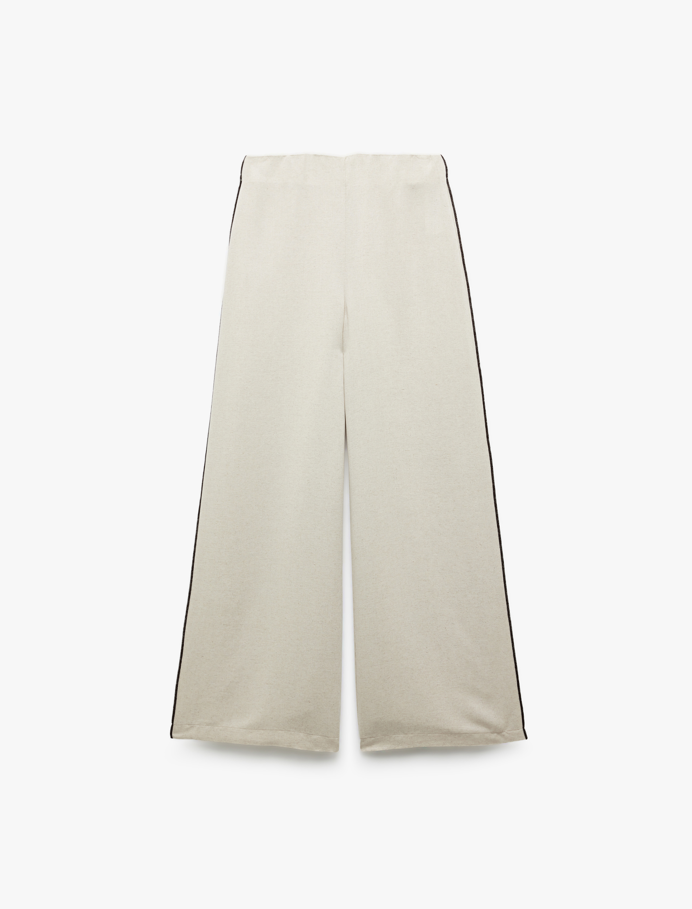   Keten Karışımlı Yanları Çizgili Yırtmaç Detaylı Yüksek Bel Geniş Paça Pantolon