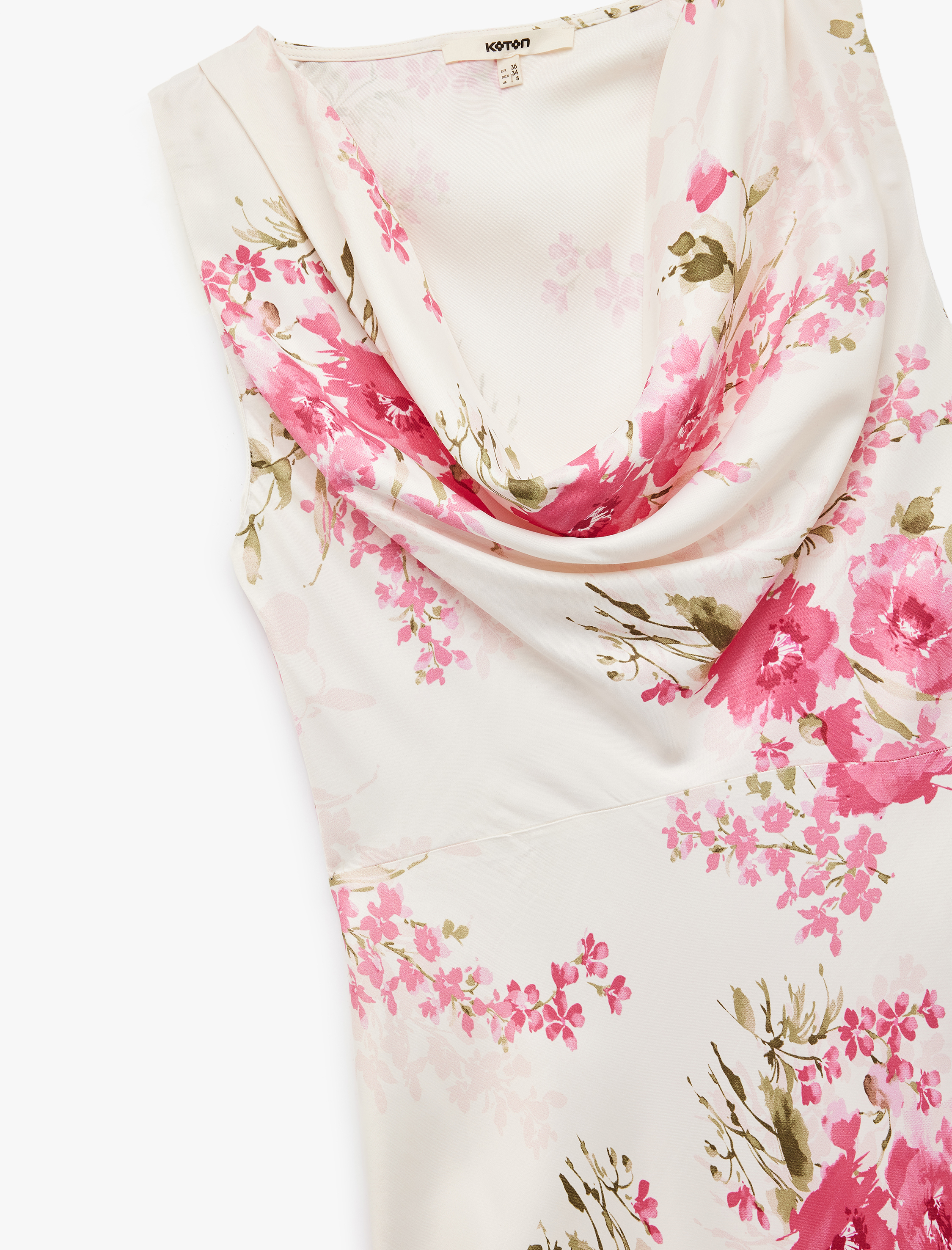   Viskon Kumaş Degaje Yaka Kolsuz Midi Boy Çiçekli Saten Elbise