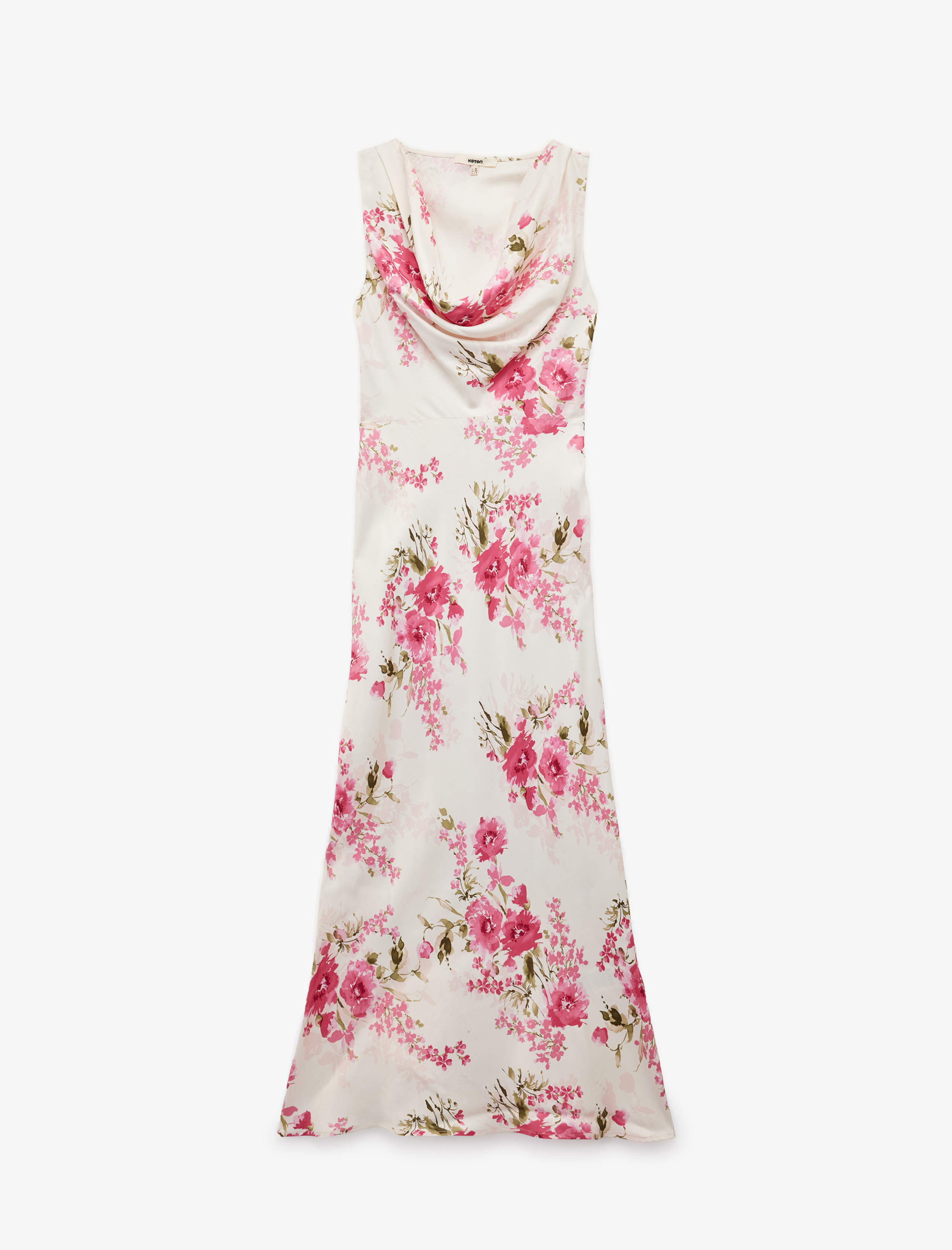   Viskon Kumaş Degaje Yaka Kolsuz Midi Boy Çiçekli Saten Elbise