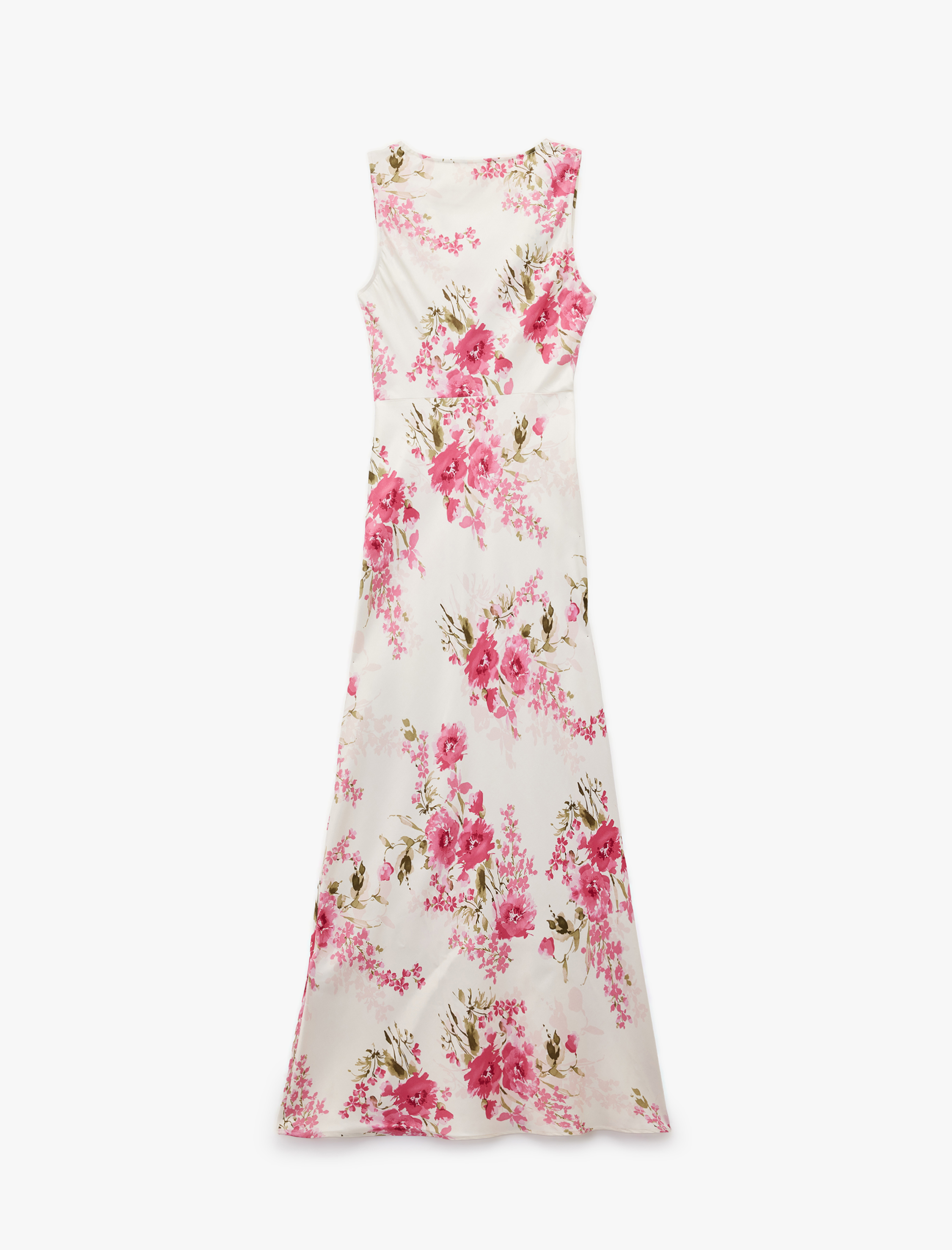   Viskon Kumaş Degaje Yaka Kolsuz Midi Boy Çiçekli Saten Elbise