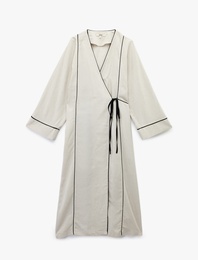 Viskon Keten Karışımlı Bol Kalıp Uzun Kollu Kruvaze Kimono Elbise