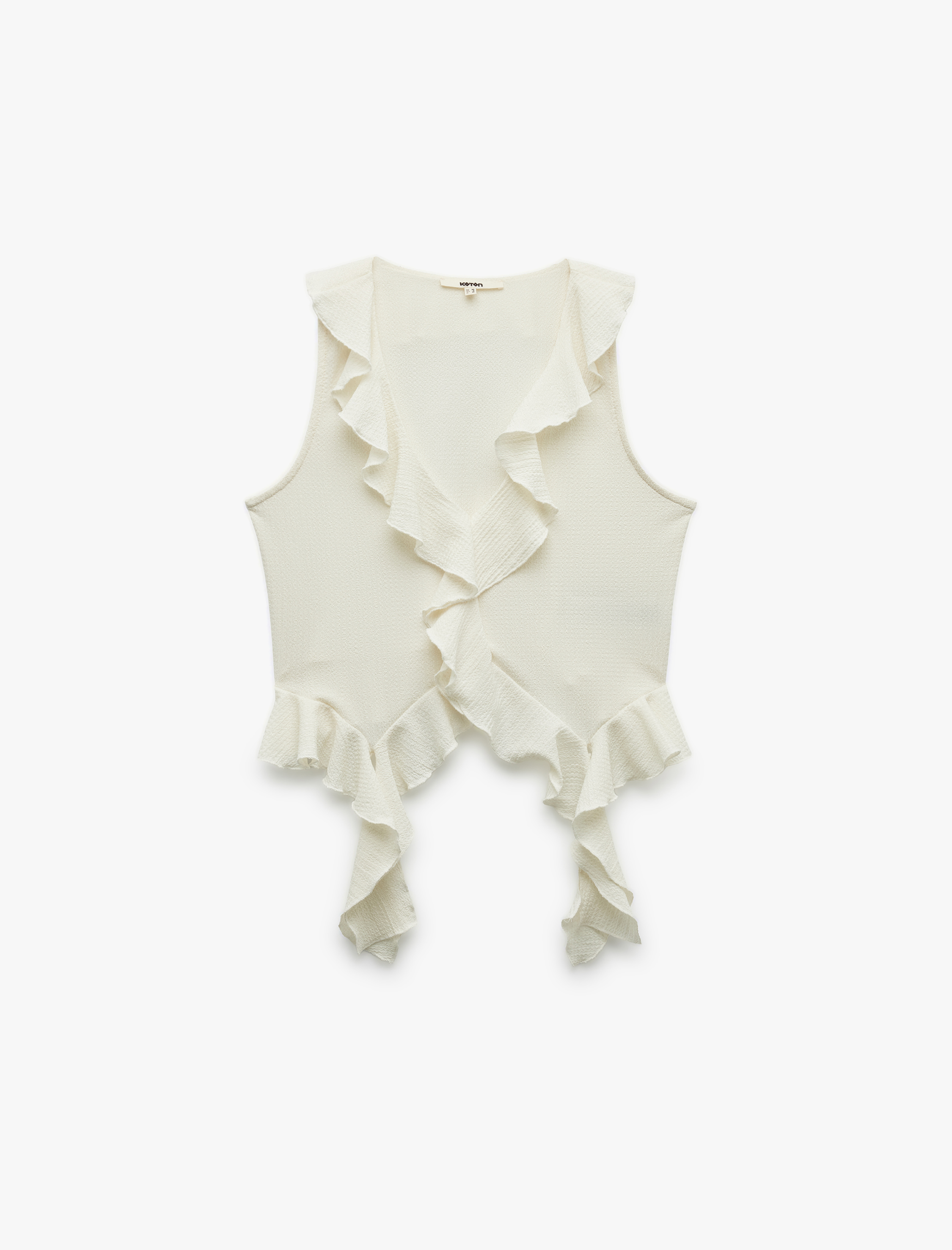   Bürümcük Kumaş Dokulu V Yaka Kolsuz Asimetrik Fırfırlı Bluz