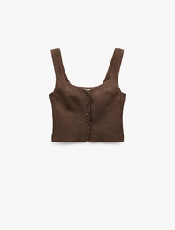 Astarlı Düğmeli Askılı Keten Crop Bluz
