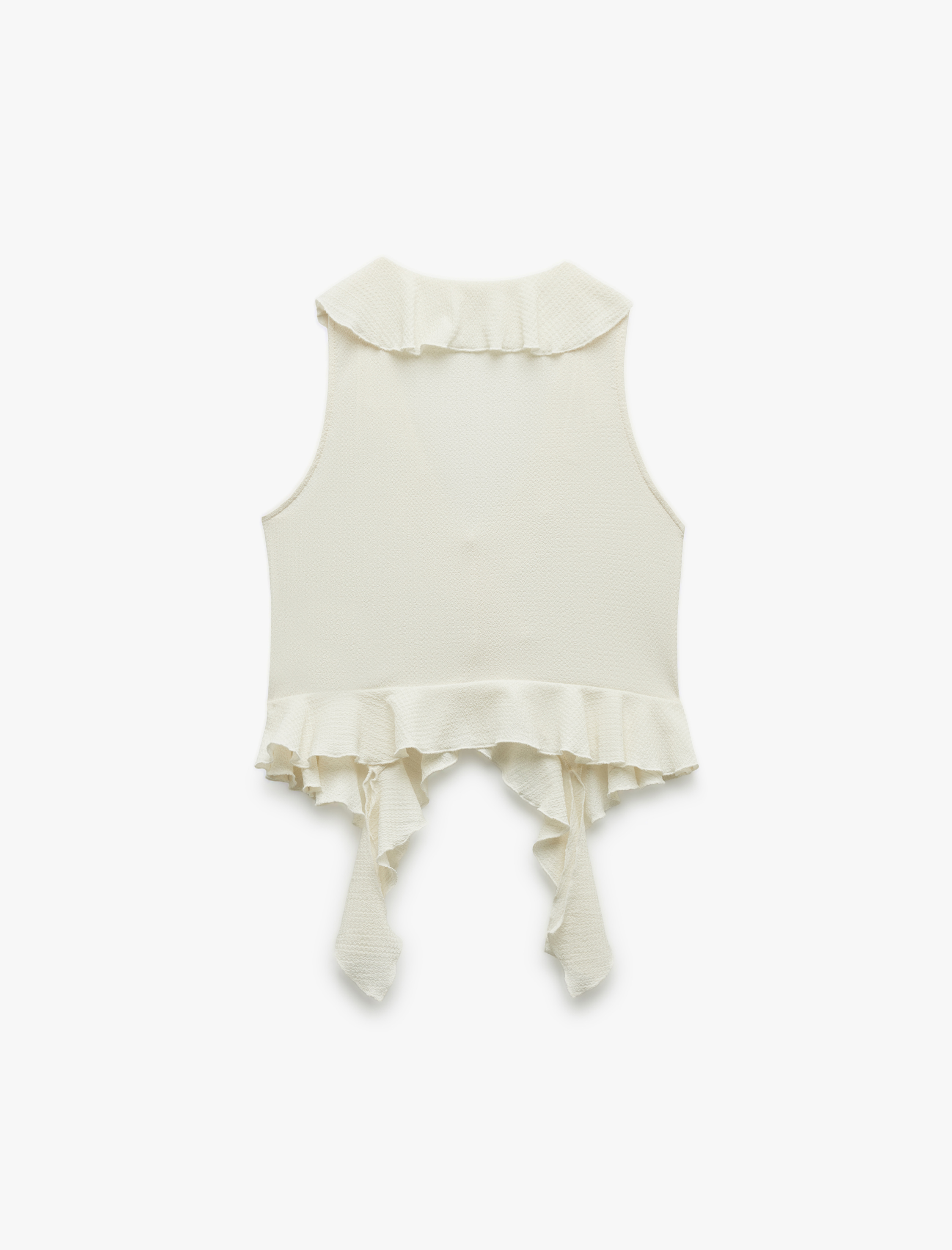   Bürümcük Kumaş Dokulu V Yaka Kolsuz Asimetrik Fırfırlı Bluz