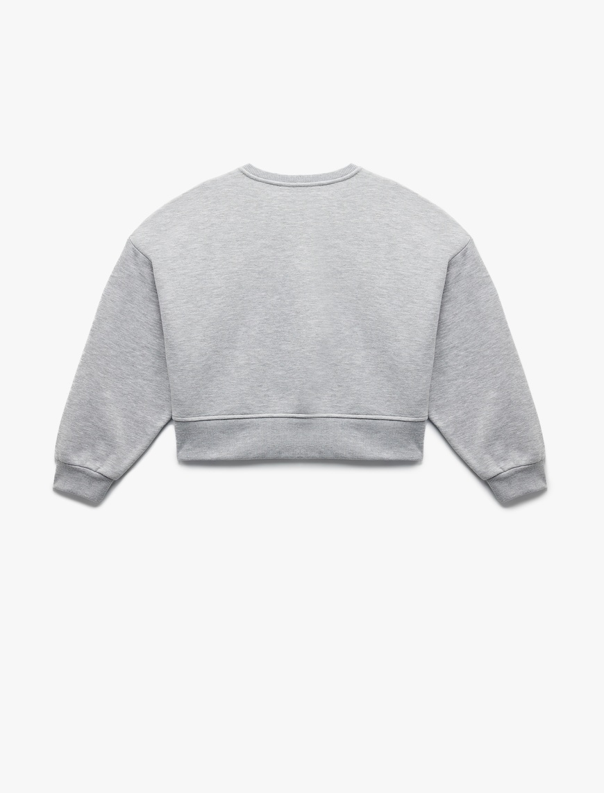   Üç İplik Şardonlu Uzun Kollu Bisiklet Yaka Nakışlı Crop Sweatshirt
