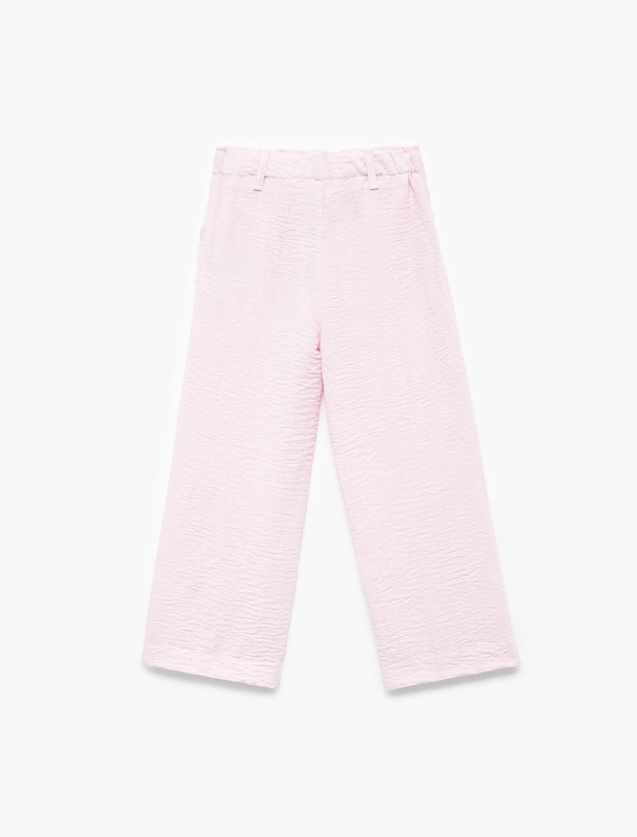 Kız Çocuk Keten Görünümlü Dokulu Cepli Geniş Paça Pantolon