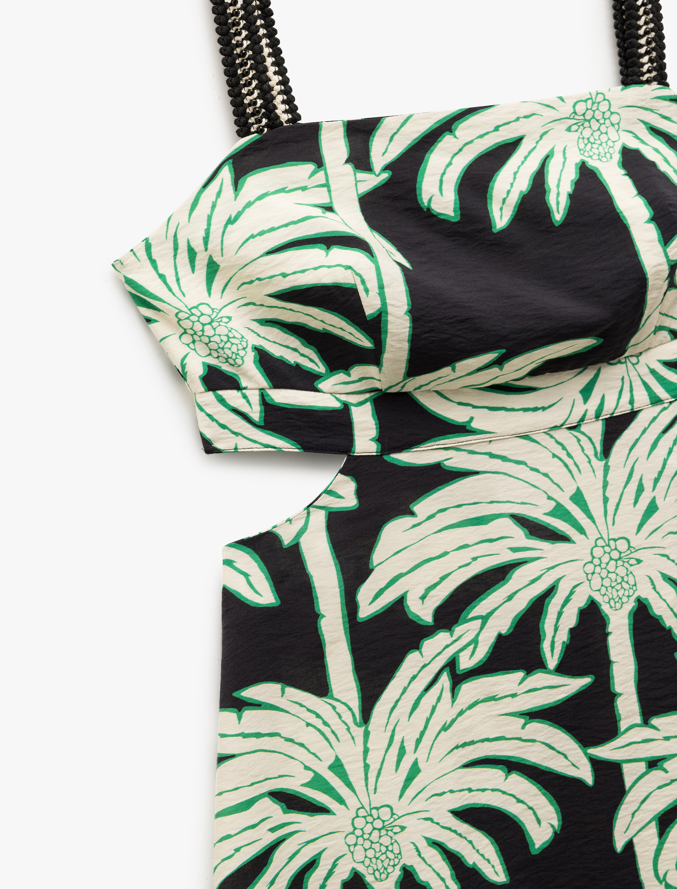 Viskon Kumaş Palmiye Desenli Pencere Detaylı Askılı Uzun Elbise