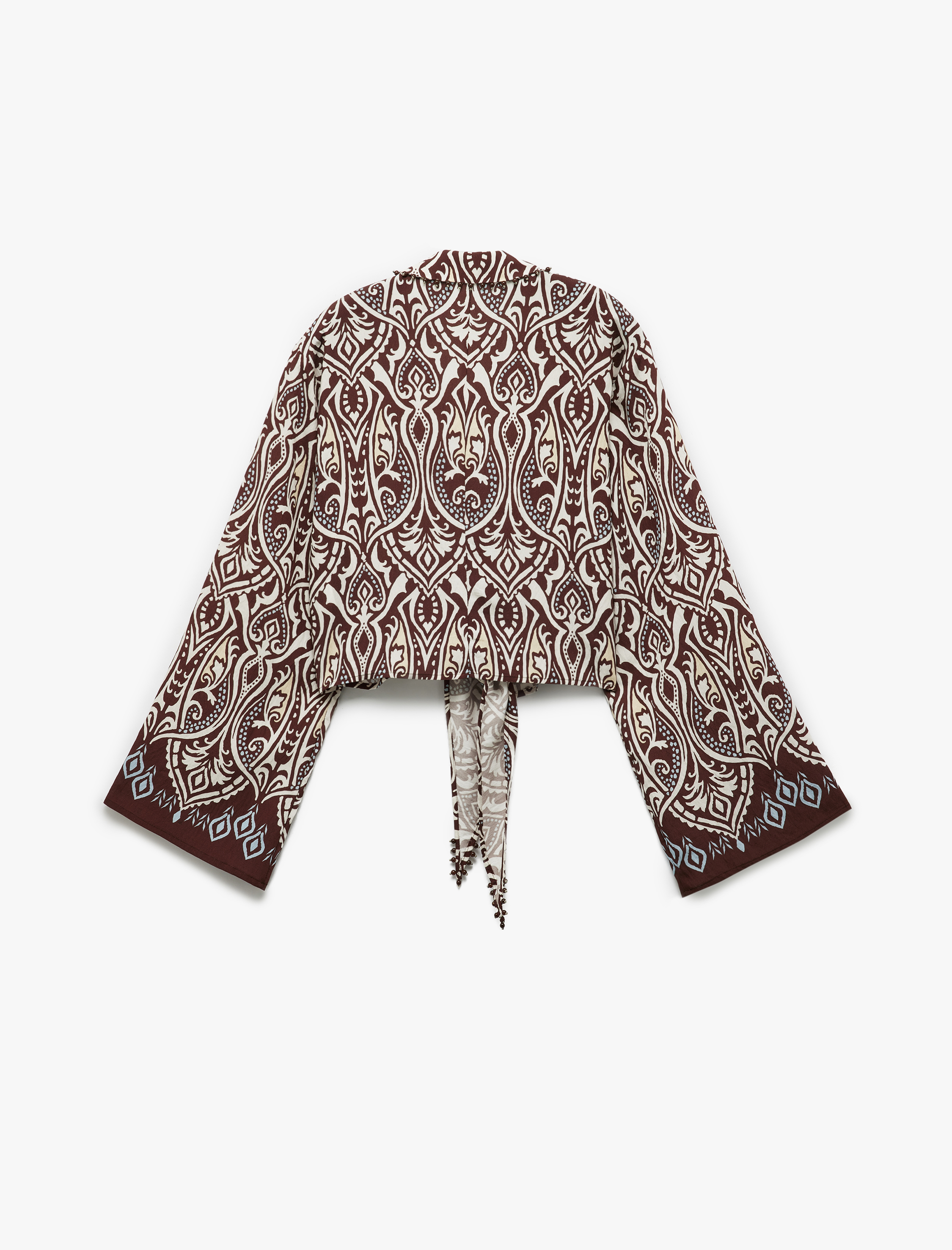   Koton X Melis Ağazat - V Yaka Uzun Kollu Bol Kalıp Viskon Krop Desenli Gömlek