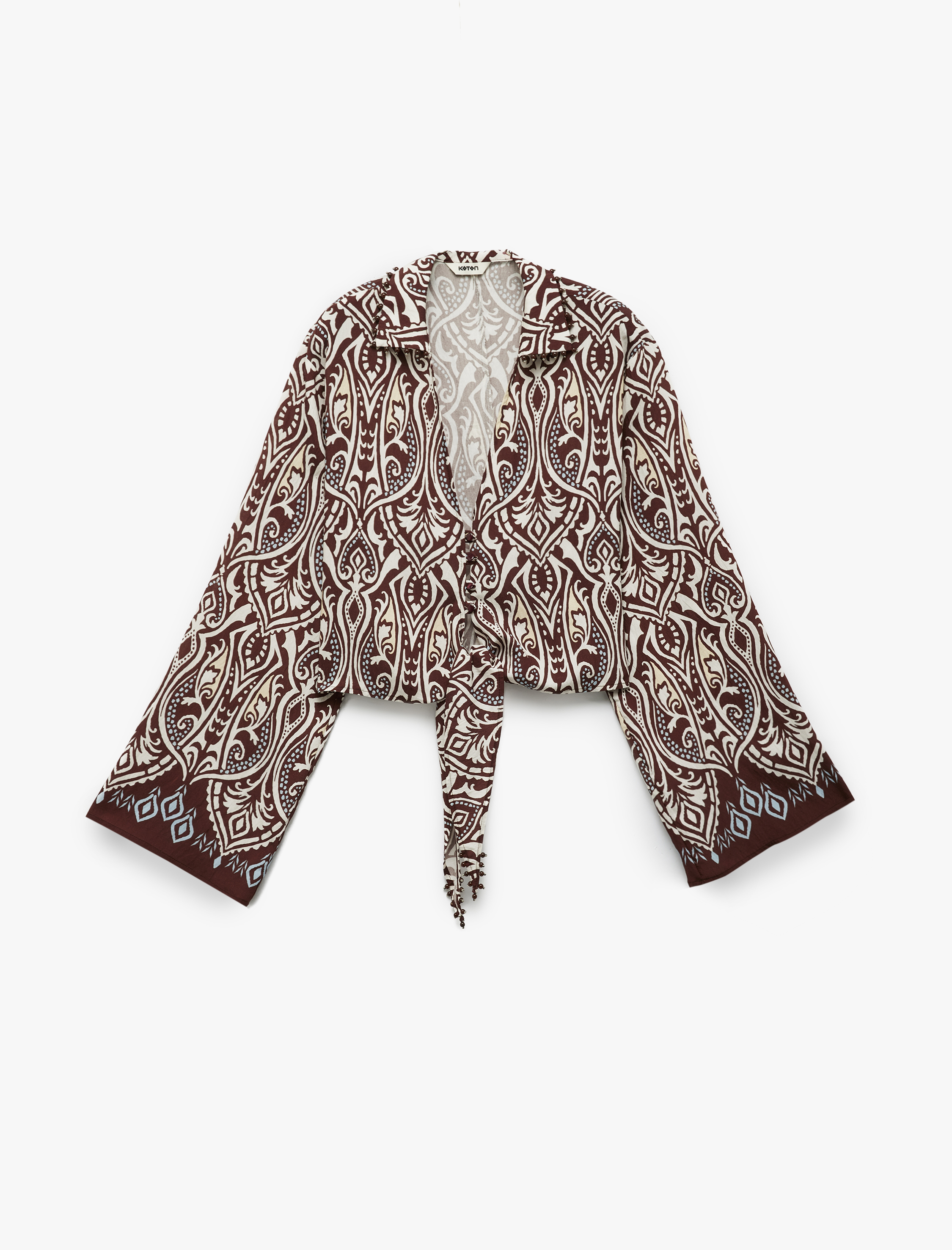   Koton X Melis Ağazat - V Yaka Uzun Kollu Bol Kalıp Viskon Krop Desenli Gömlek