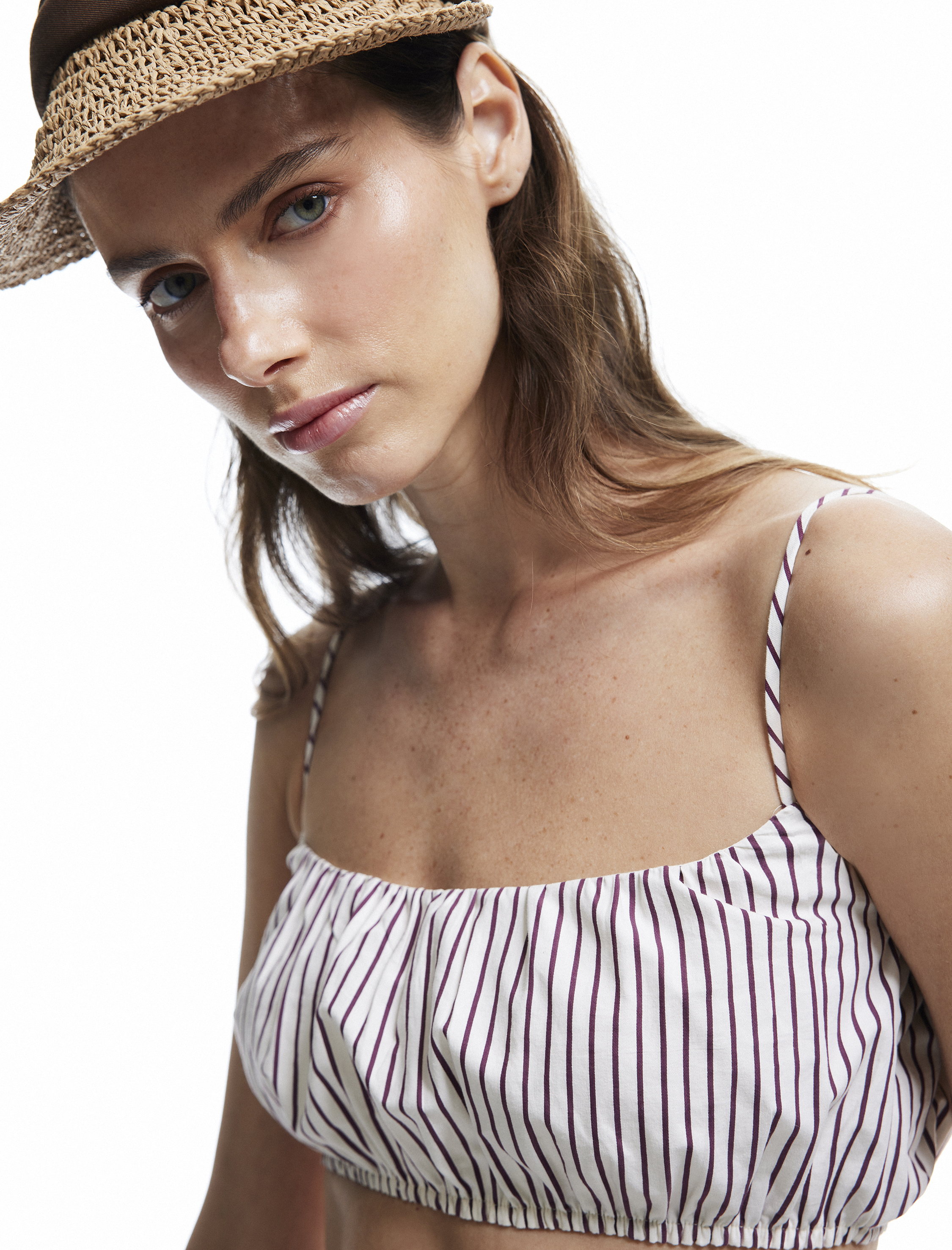   Koton X Melis Ağazat - İp Askılı Gabardin Büzgülü Çizgili Kare Yaka Crop Bluz