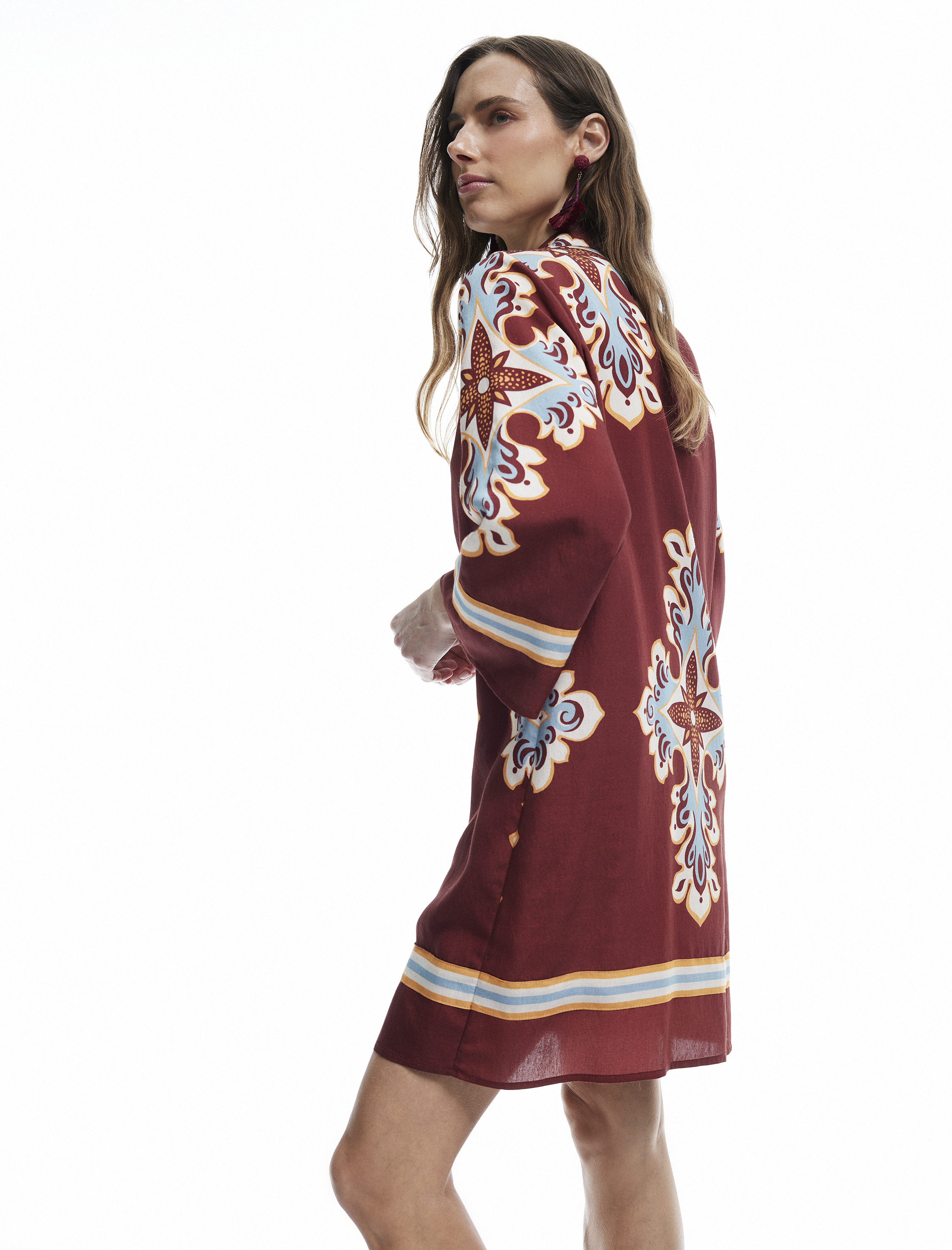   Koton X Melis Ağazat - Uzun Kimono Kollu Gömlek Yaka Etnik Desenli Taşlı Mini Elbise