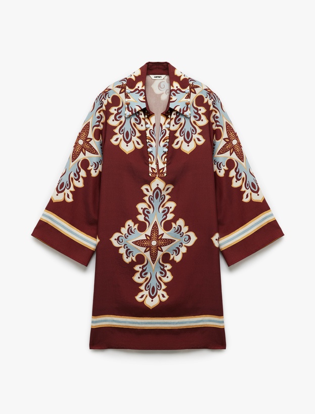 Koton X Melis Ağazat - Uzun Kimono Kollu Gömlek Yaka Etnik Desenli Taşlı Mini Elbise_3