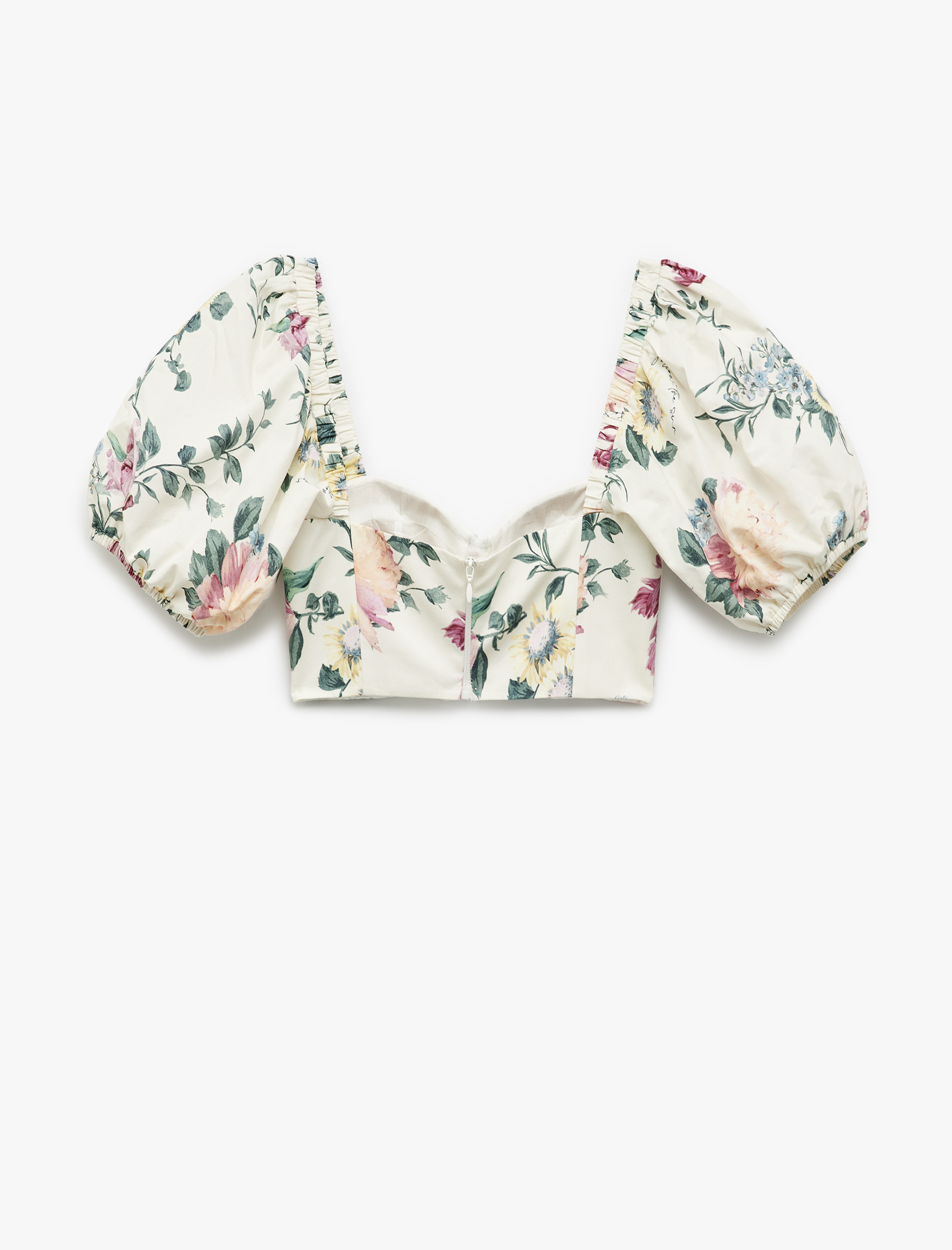   Koton X Melis Ağazat - Poplin Kalp Yaka Çiçekli Dar Kesim Balon Kol Crop Bluz