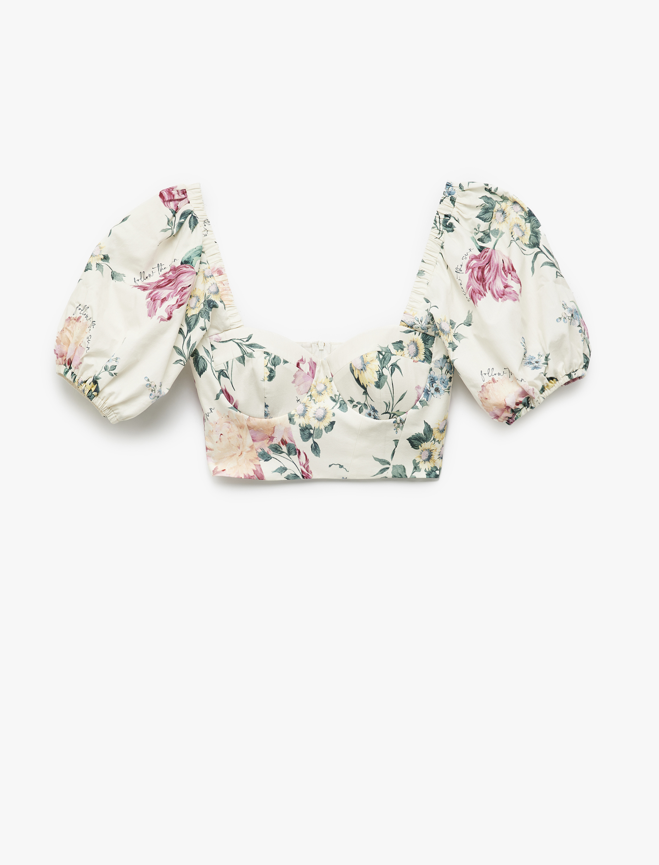   Koton X Melis Ağazat - Poplin Kalp Yaka Çiçekli Dar Kesim Balon Kol Crop Bluz