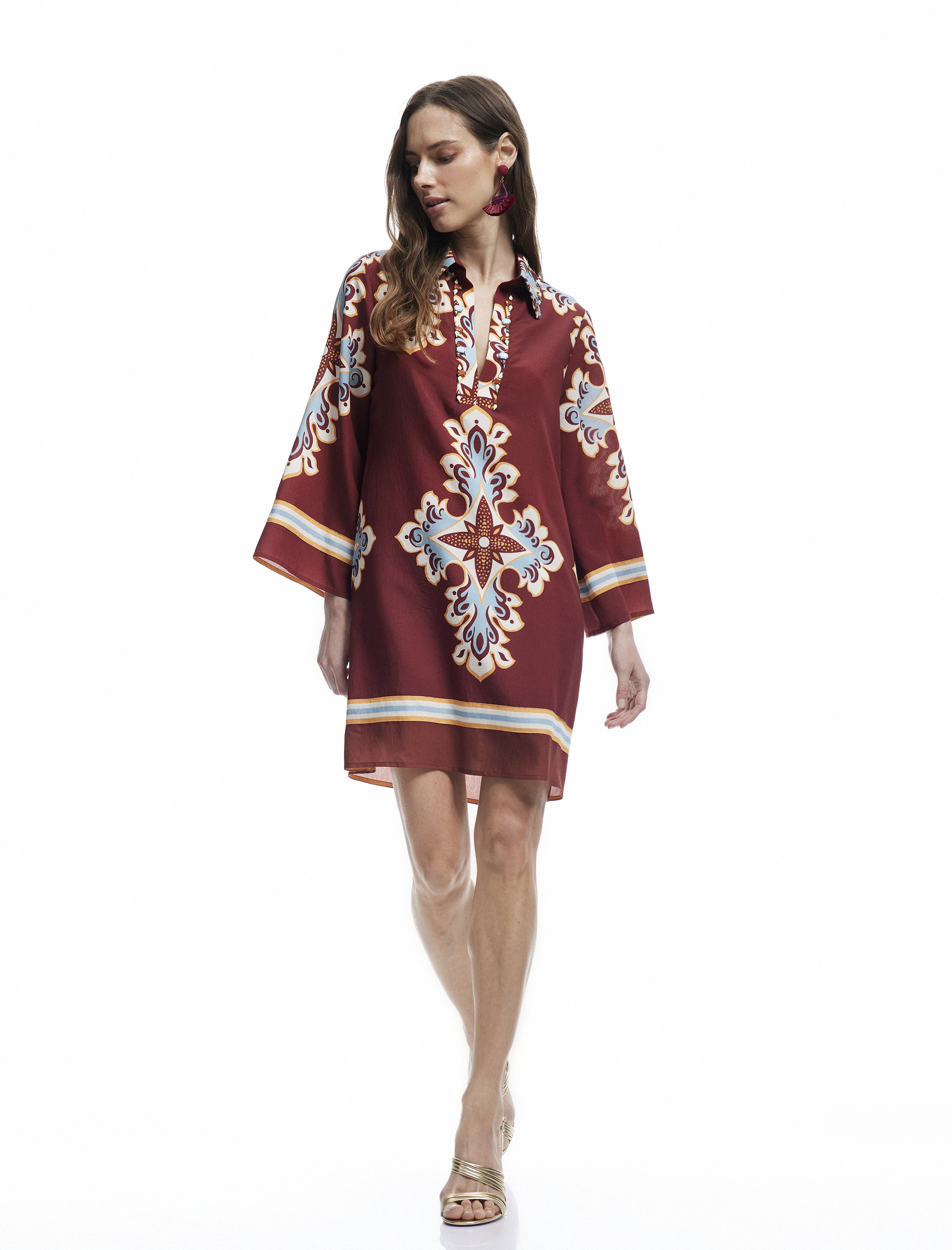   Koton X Melis Ağazat - Uzun Kimono Kollu Gömlek Yaka Etnik Desenli Taşlı Mini Elbise