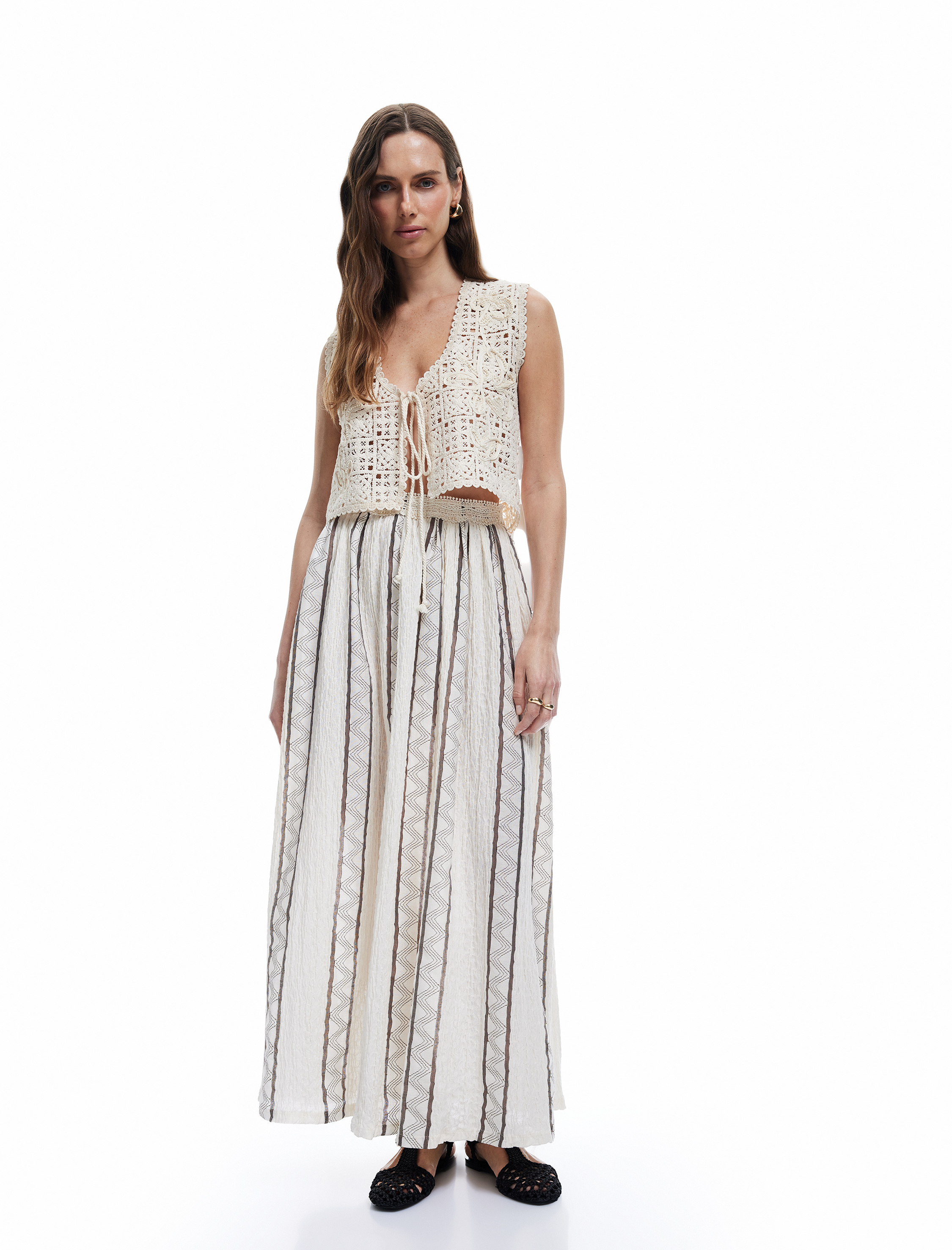   Beli Dantelli Geometrik Desenli A Kesim Uzun Etek