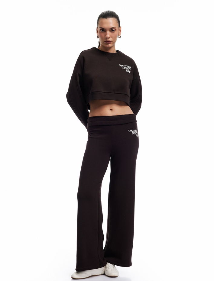  Baskılı Uzun Kollu Bisiklet Yaka Şardonlu Oversize Crop Sweatshirt