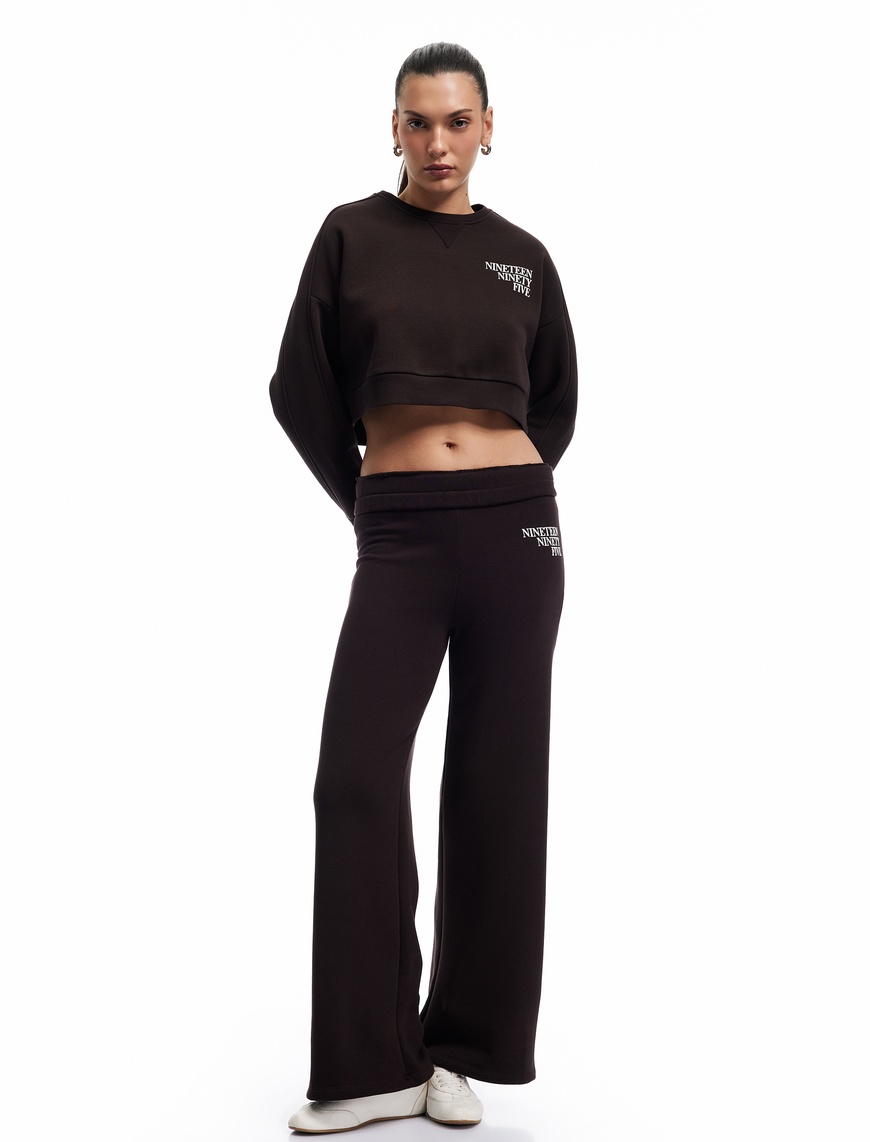   Baskılı Uzun Kollu Bisiklet Yaka Şardonlu Oversize Crop Sweatshirt