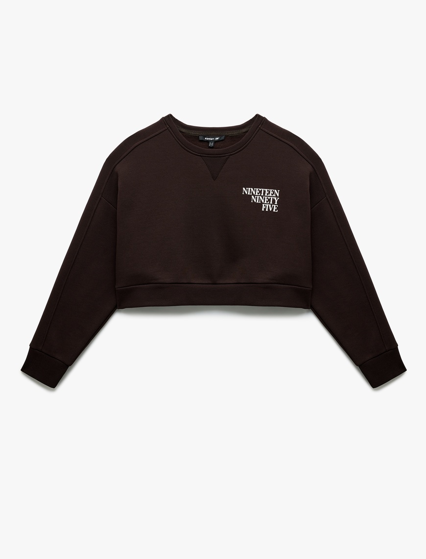   Baskılı Uzun Kollu Bisiklet Yaka Şardonlu Oversize Crop Sweatshirt