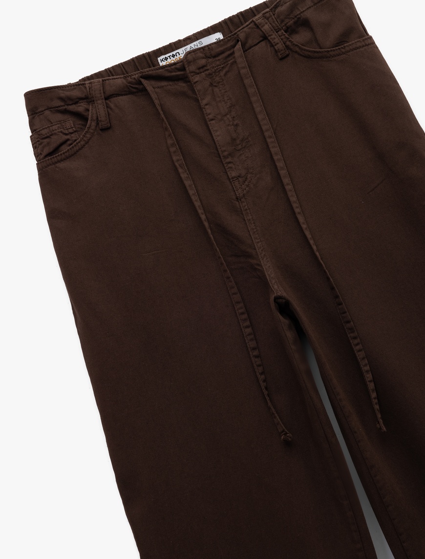   Beli Bağcıklı Pamuklu Düz Paça Cepli Pantolon - Loose Straight Fit Jeans