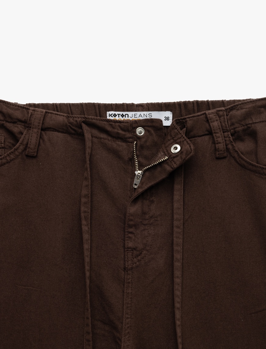   Beli Bağcıklı Pamuklu Düz Paça Cepli Pantolon - Loose Straight Fit Jeans