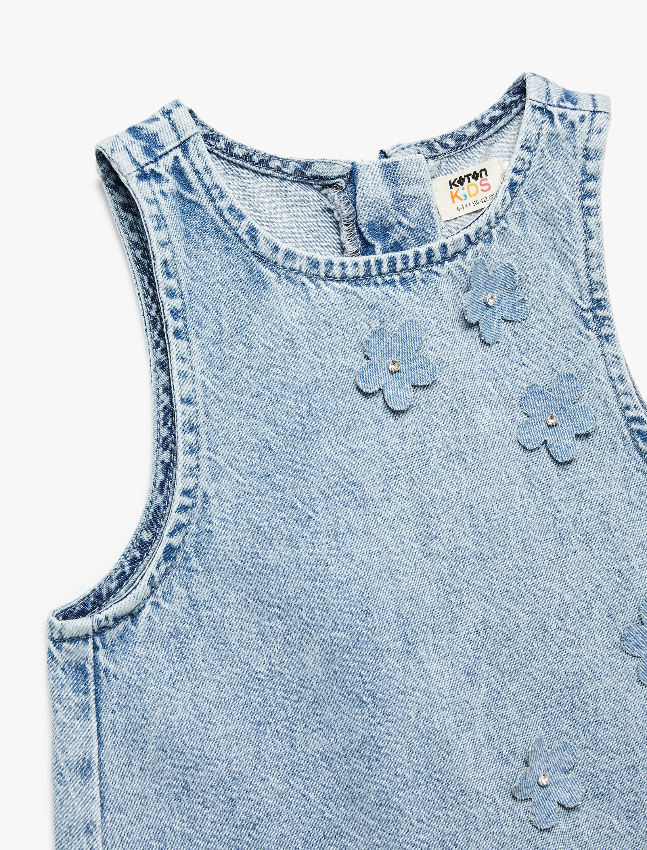  Kız Çocuk Pamuklu Bisiklet Yaka Fermuarlı Kolsuz Çiçekli Denim Elbise