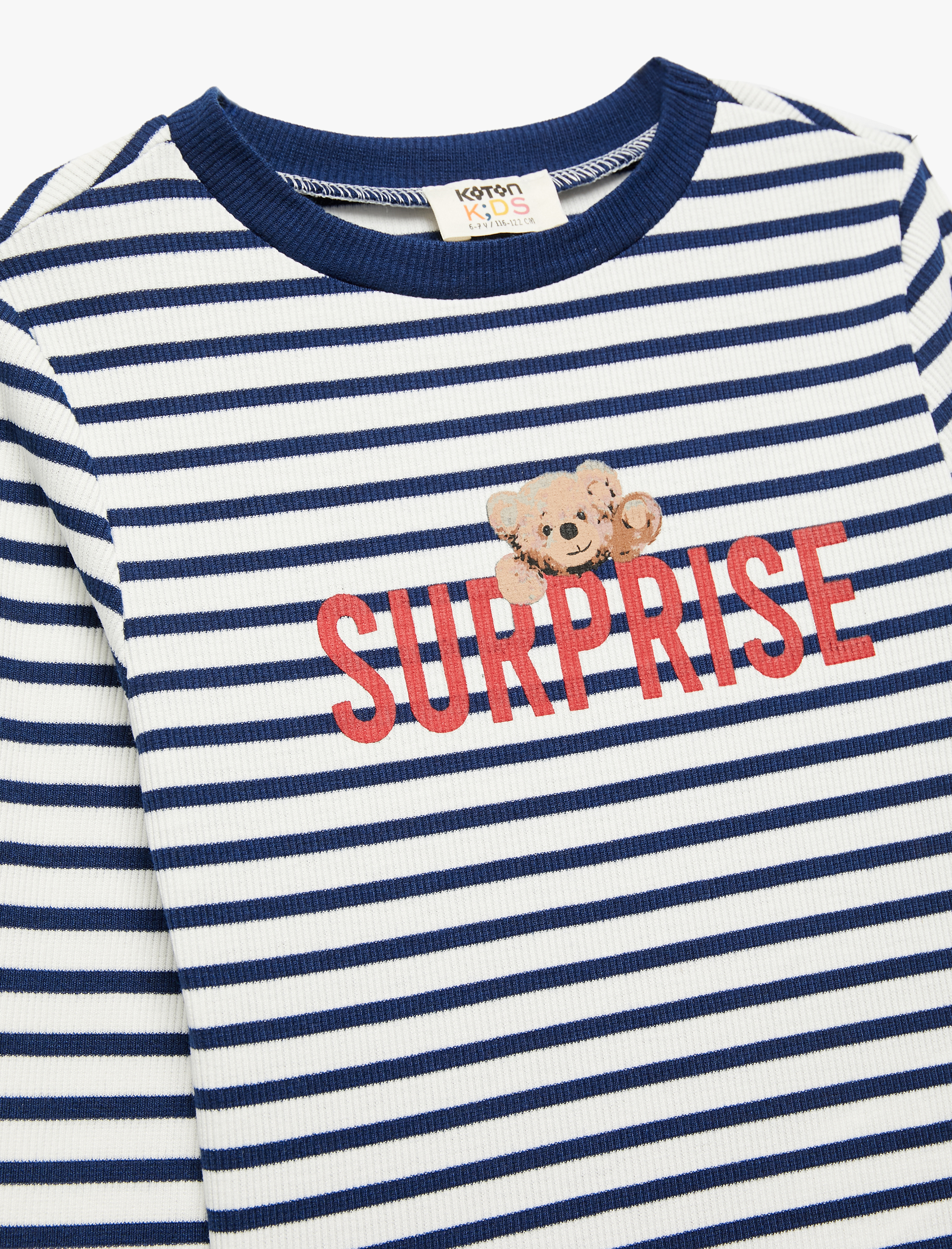  Kız Çocuk Çizgili Ayıcık Baskılı Uzun Kollu Bisiklet Yaka Tişört