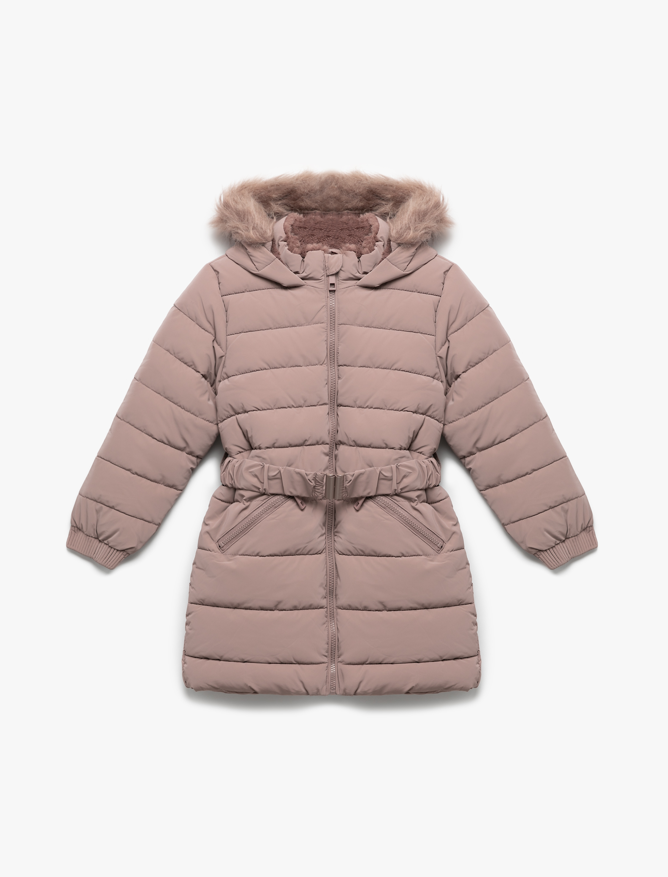  Kız Çocuk Uzun Şişme Kapşonlu Mont Kürk Detaylı Cepli Kemerli