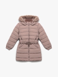 Uzun Şişme Kapşonlu Mont Kürk Detaylı Cepli Kemerli