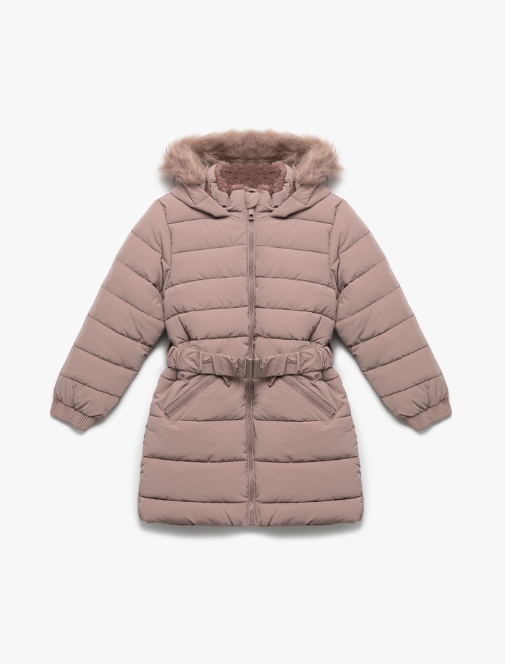 Kız Çocuk Uzun Şişme Kapşonlu Mont Kürk Detaylı Cepli Kemerli